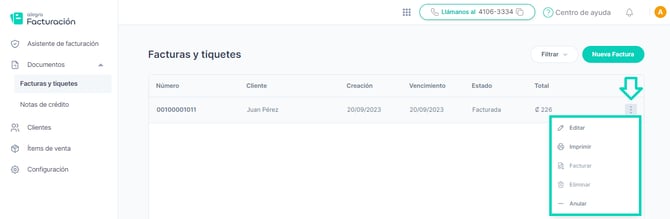 Acciones rápidas Alegra Facturación Costa Rica