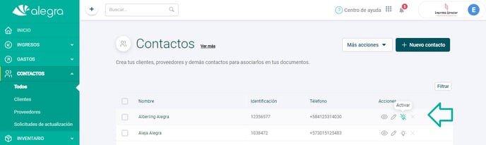 Activar contactos en Alegra