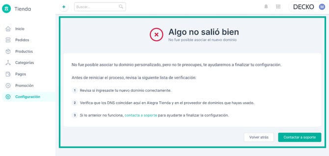 Aviso de que no se pudo asociar el dominio en Alegra Tienda