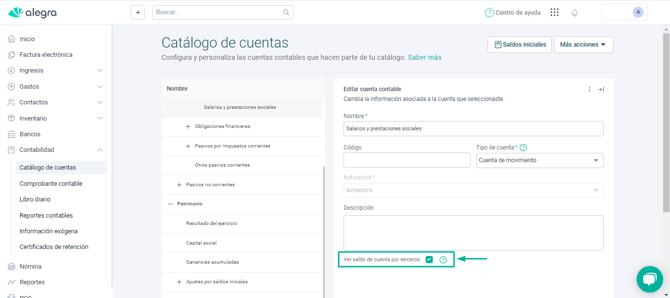 Catálogo de cuentas, función ver reporte por tercero