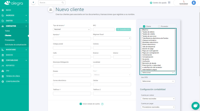 Contactos formas de pago