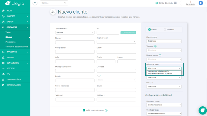 Contactos metodo de pago MEX
