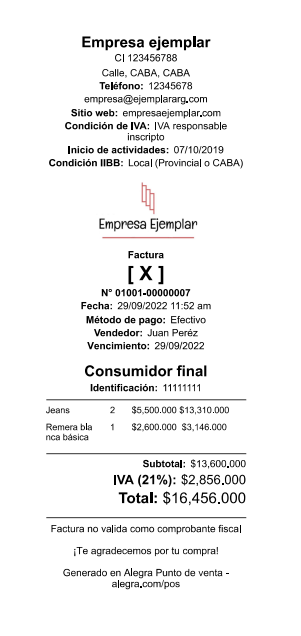 Ejemplo factura en PDF Alegra POS Argentina