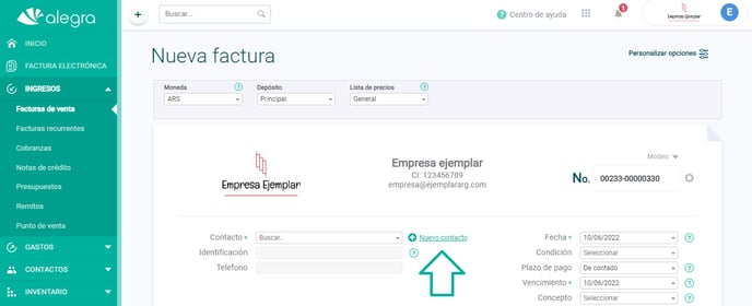 Formulario nuevo contacto-Facturas de venta-ARG