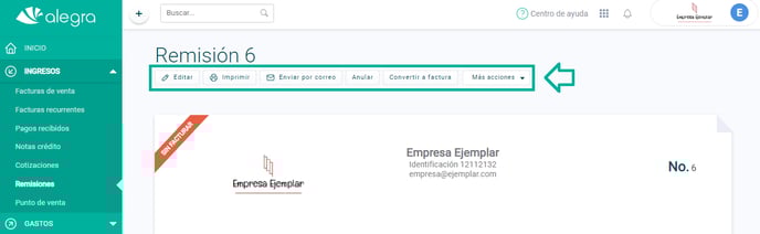Opciones luego de crear una remisión en Alegra