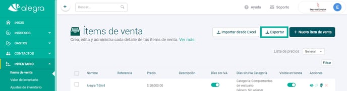 exportar listas alegra ayuda