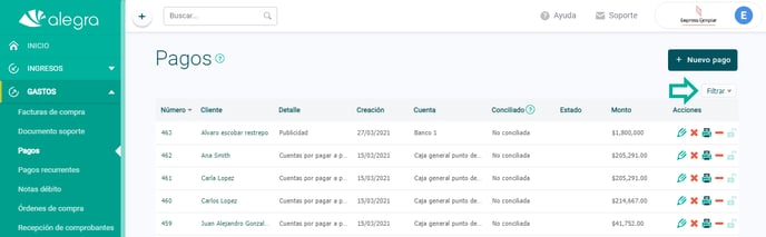 filtro pagos egresos ayuda alegra