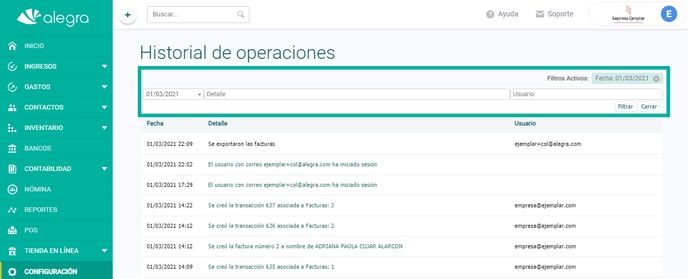 historia operaciones filtro ayuda alegra