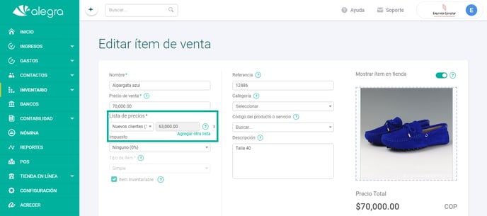 lista de precio producto alegra