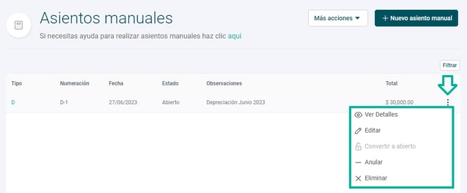 Acciones en asientos manuales