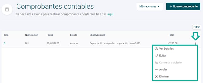 Acciones en comprobantes contables Alegra España