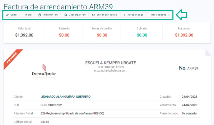 Acciones en facturas de arrendamiento sin timbrar