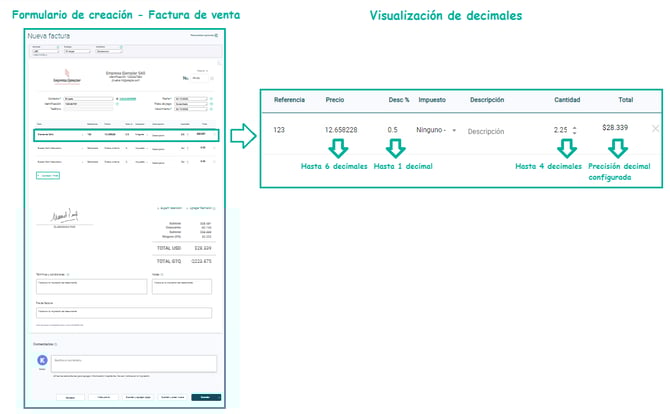 Decimales-Factura en estado de creación o formulario