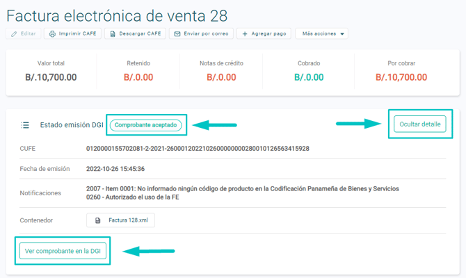 Estado emision facturas PAN