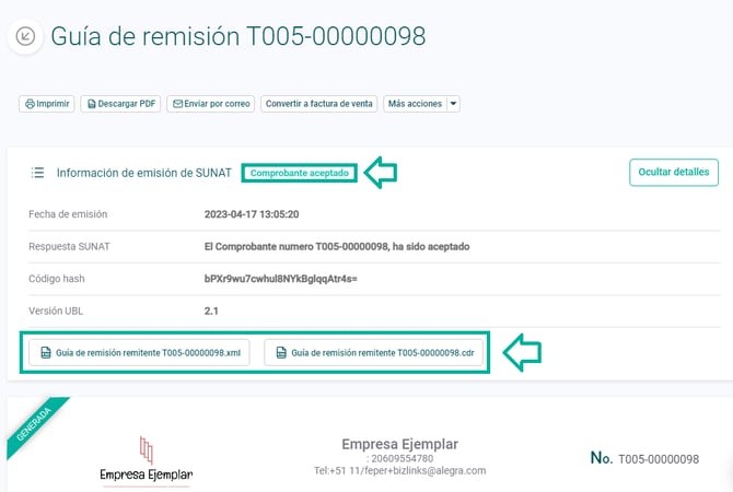 Guía de remisión remitente aceptada por la SUNAT