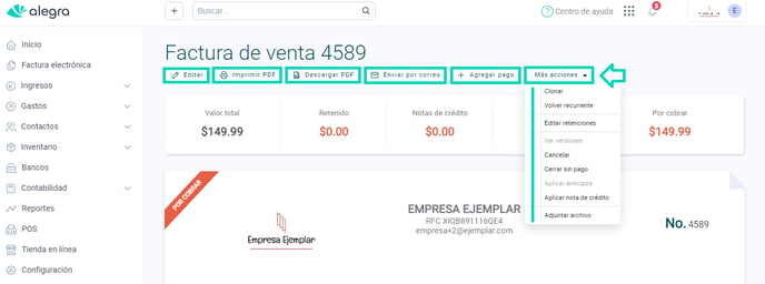 Más acciones en facturas de venta y de honorarios México