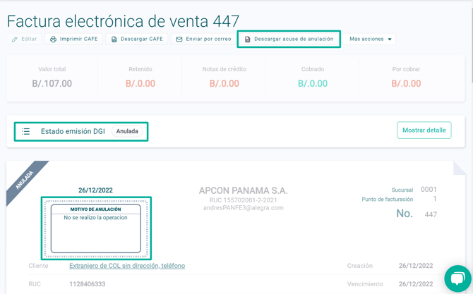 estado factura anulada PAN