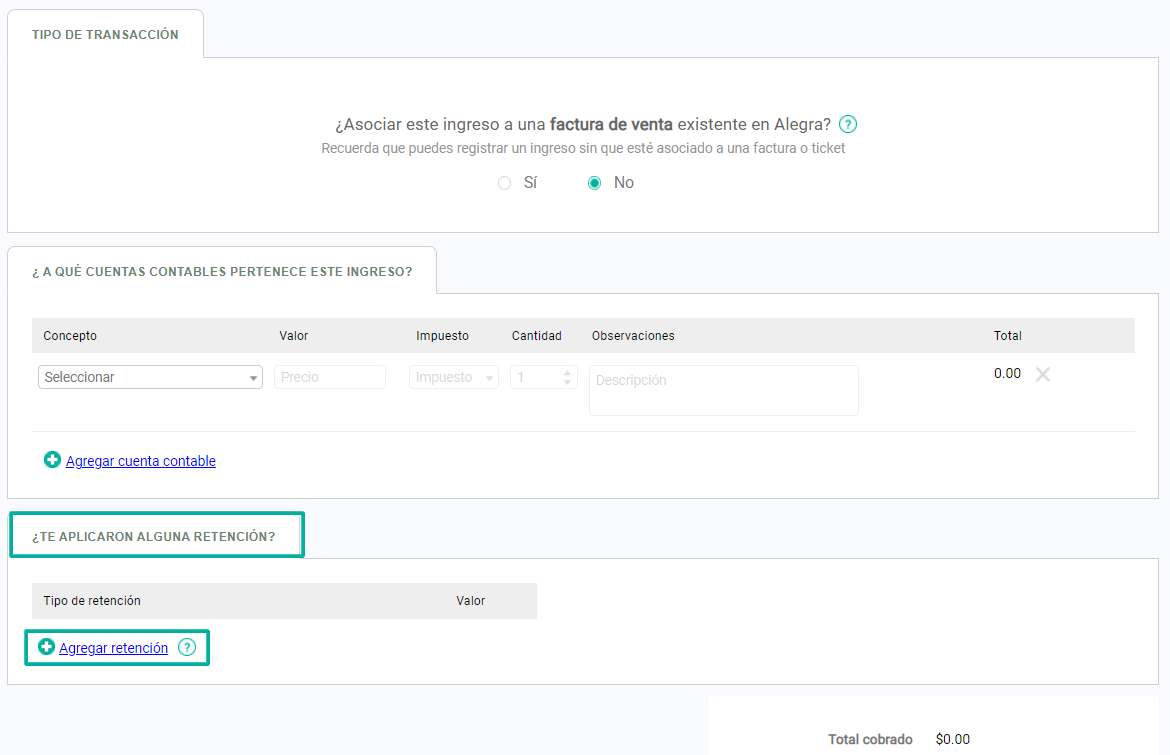 Agregar retención en un ingreso vinculado a una cuenta contable Alegra México